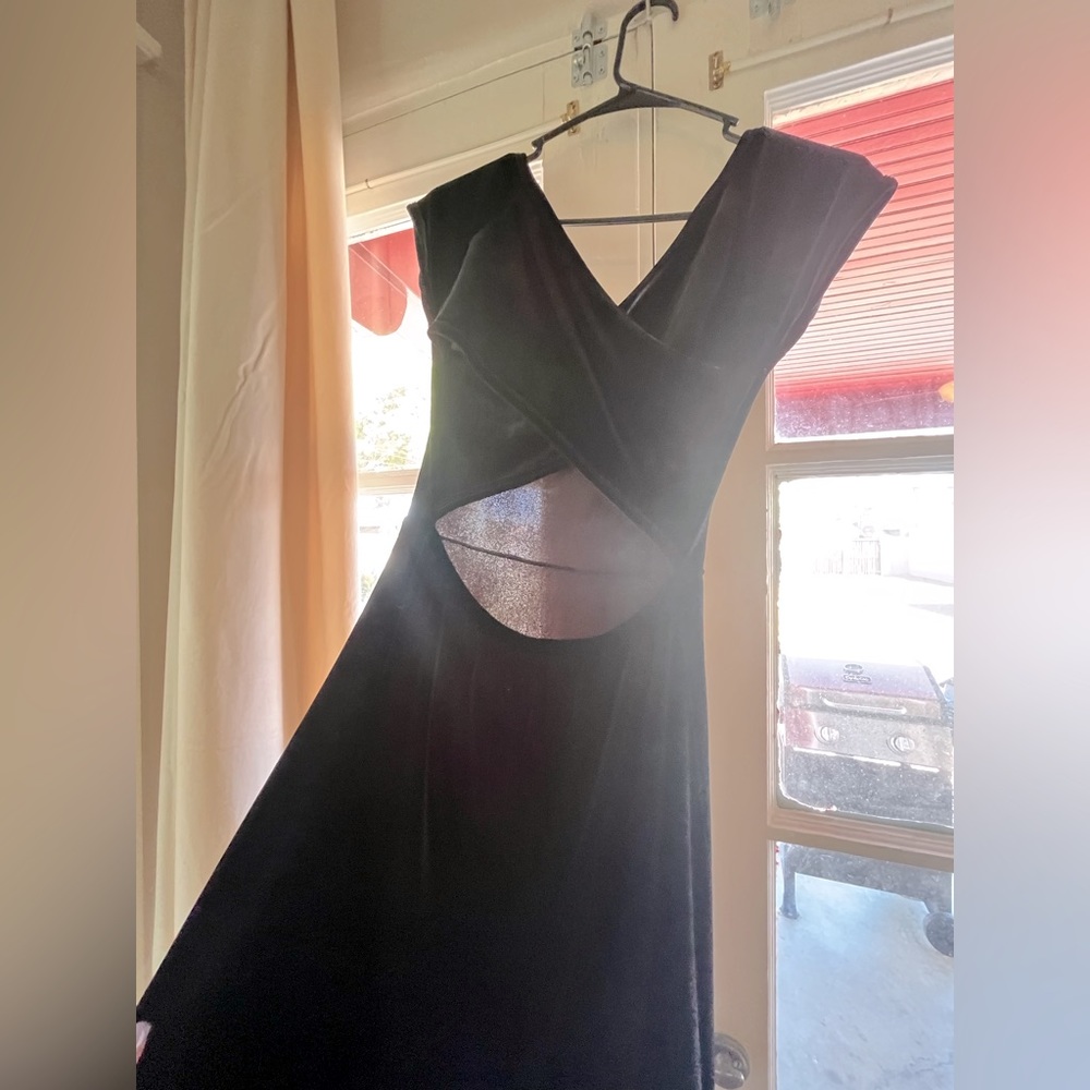 Black velvet cut out back skater dress